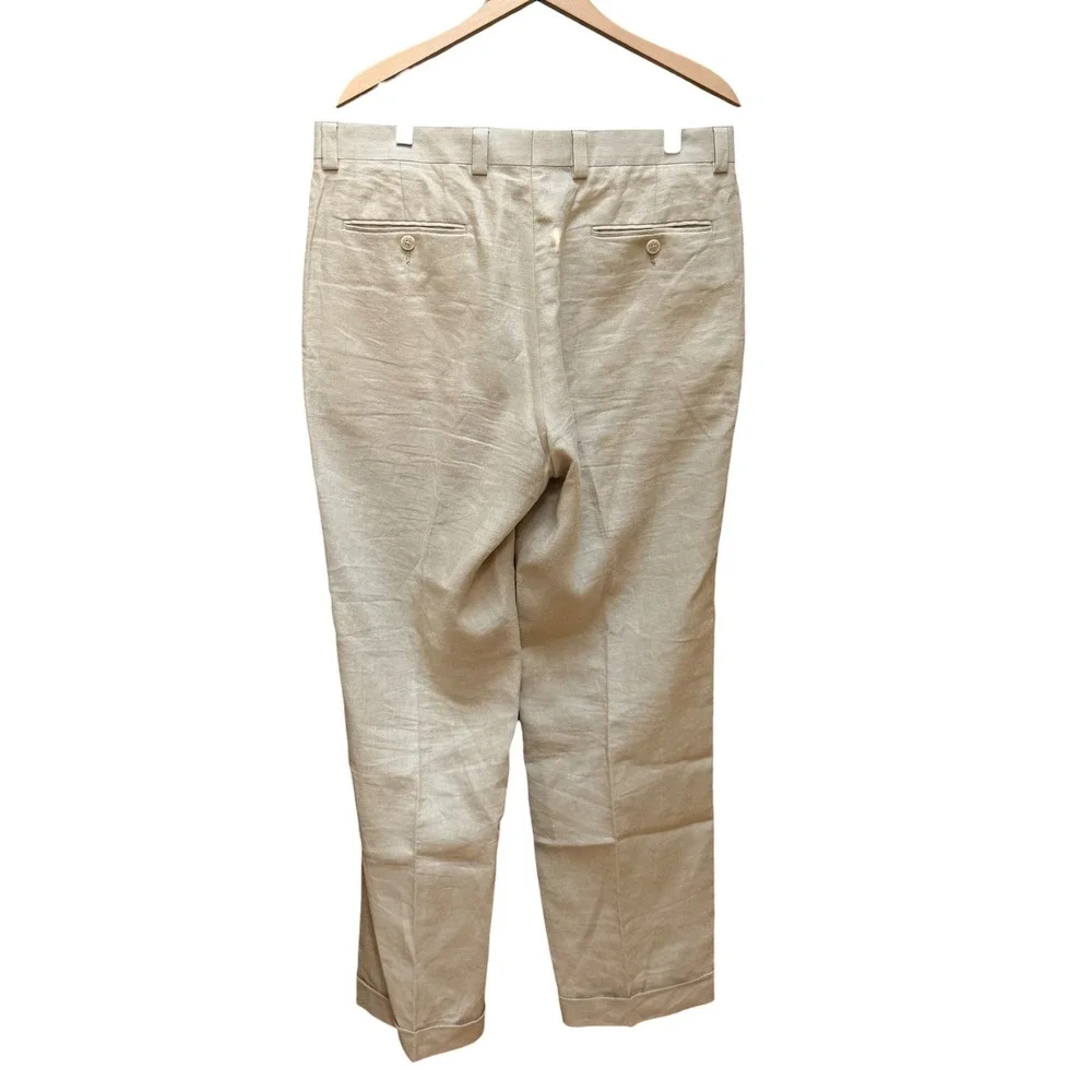 Calvin Klein Pants Mens 34 Beige Linen Flat Front Cuffed Dress Trousers Summer